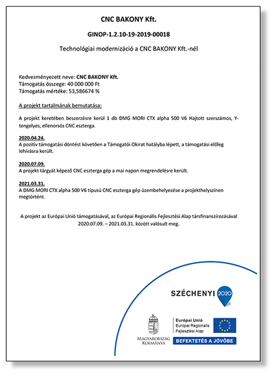 Technológiai modernizáció a CNC BAKONY Kft.-nél